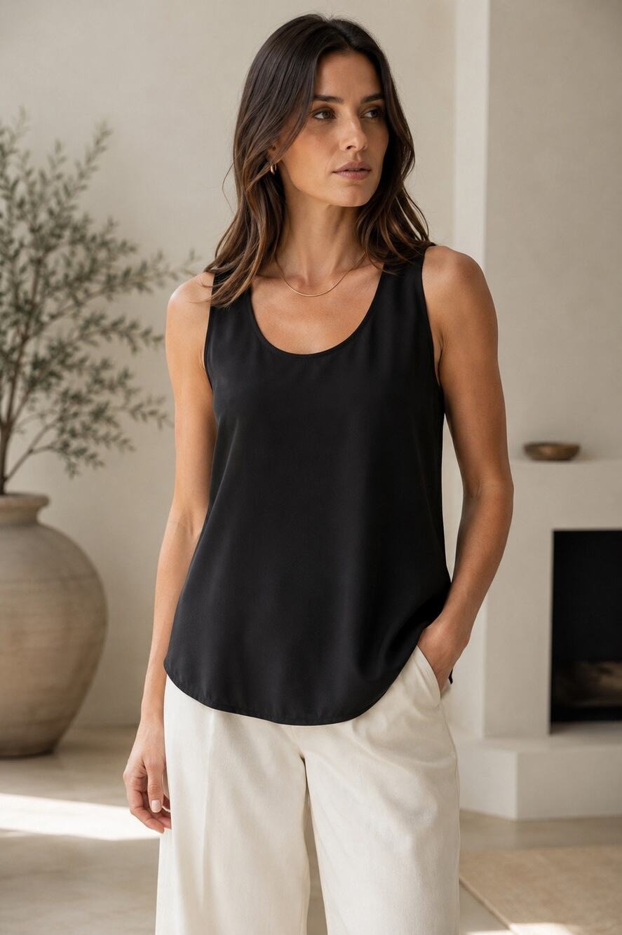 Eileen Fisher 100% Silk Black Sleeveless Tank Cami Shell Quiet Luxury Minimalist